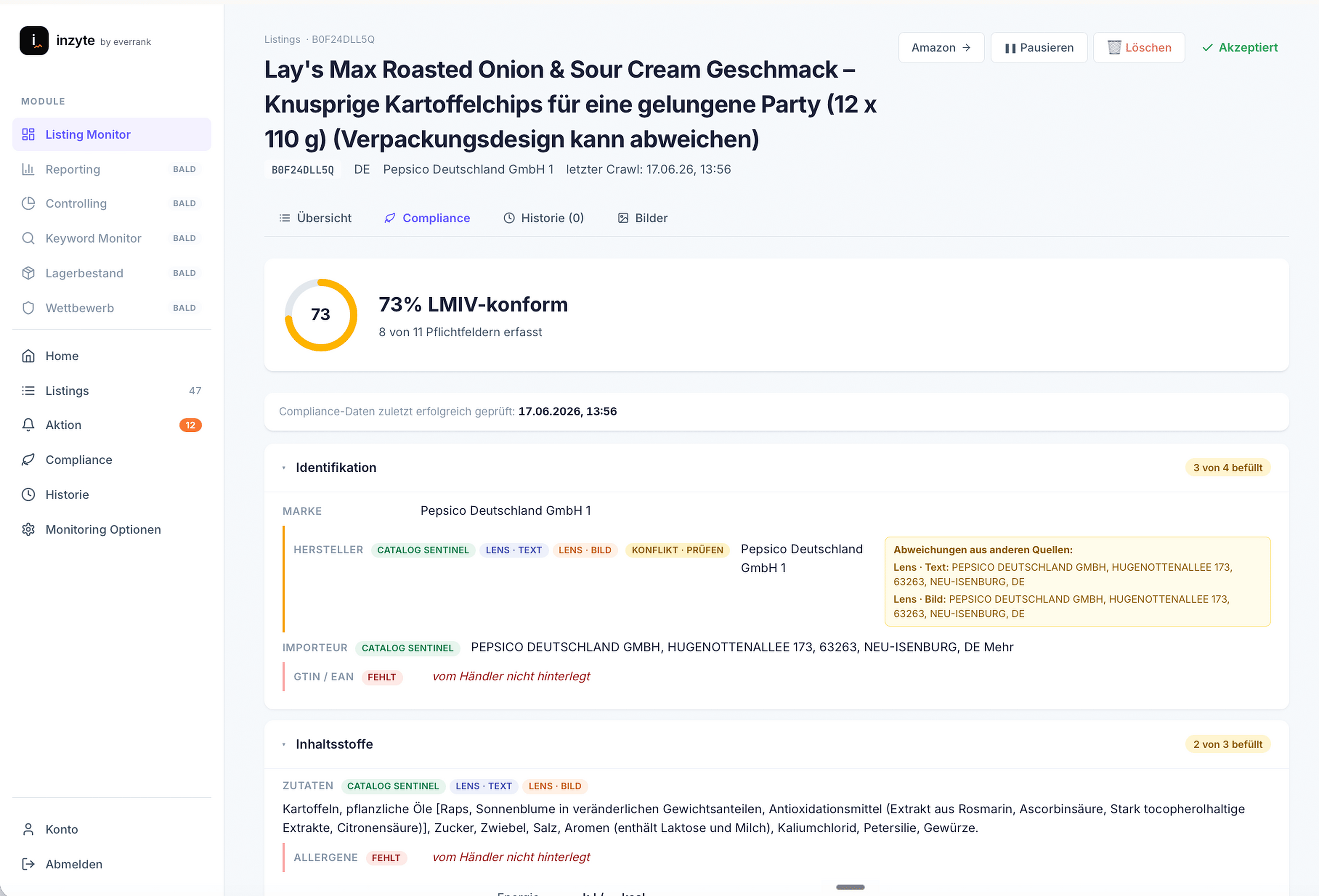 inzyte Compliance — ASIN-Detail mit Catalog Sentinel + Lens Text + Lens Bild Badges